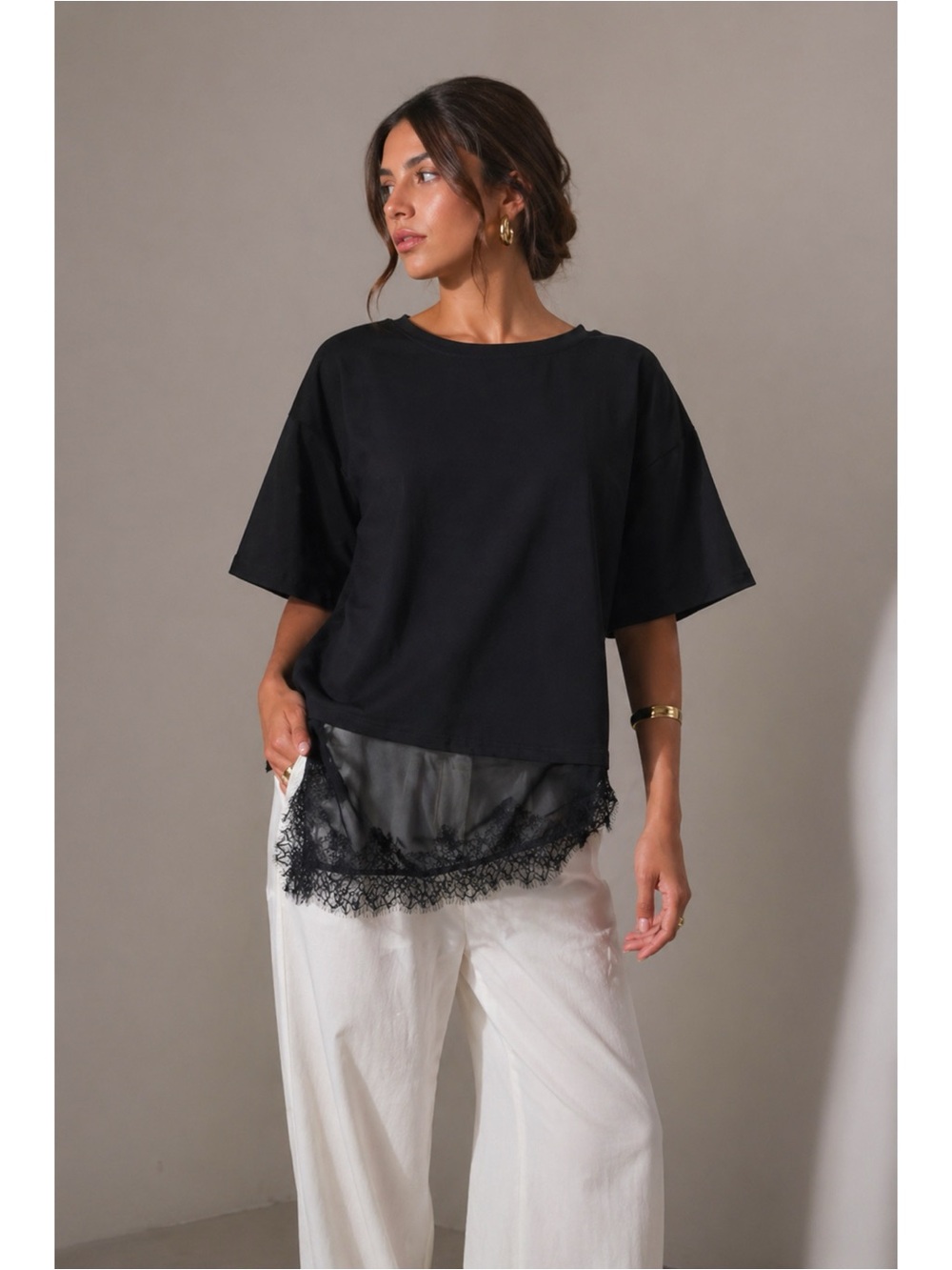 NWT Combination Lace Trim T-Shirt - Black
